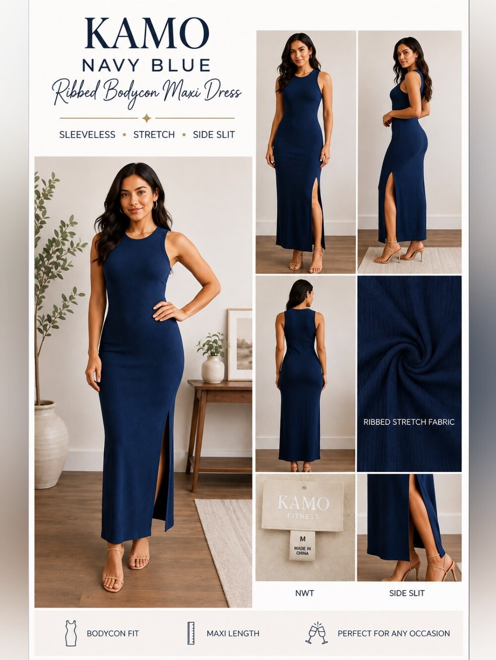 KAMO Navy Blue Ribbed Bodycon Maxi Dress Sleeveless Stretch Medium NWT